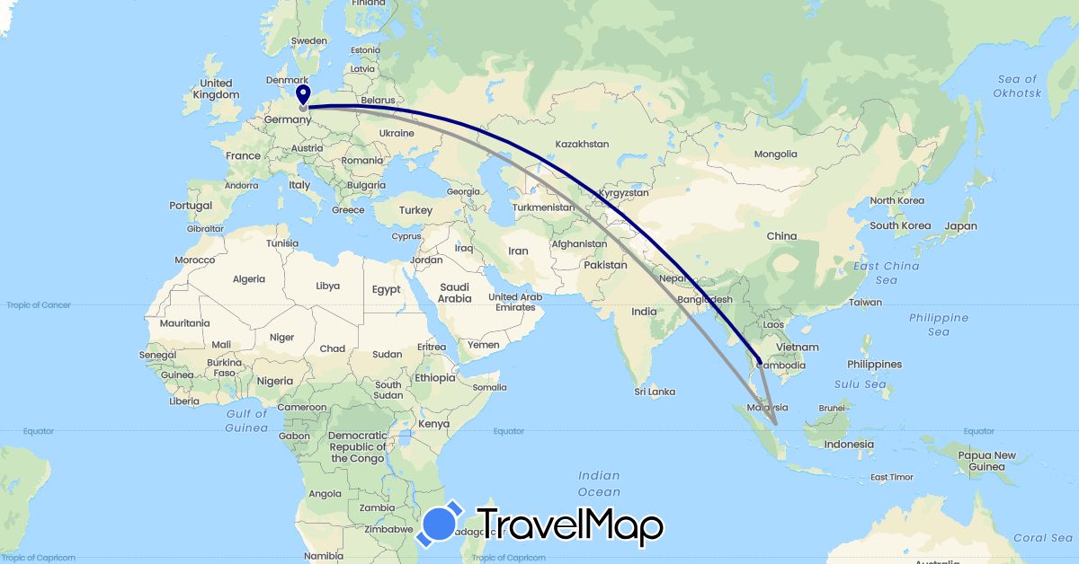 TravelMap itinerary: driving, plane in Germany, Singapore, Thailand (Asia, Europe)